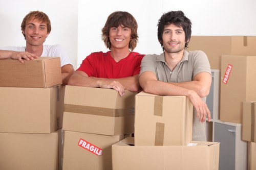 Packed household boxes and furniture ready for transport on moving day